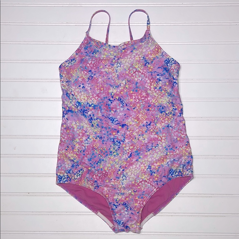 SPEEDO Multicolor Heart Print Racing Practice Swim Team One Piece Swimsuit